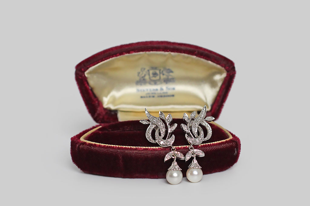 Mid 20th Century Snowbells Diamond & Pearl Earrings in 14k Gold